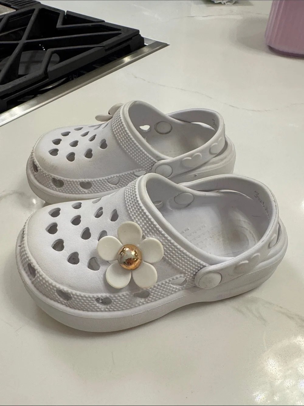 Toddler Girl White Heart Croc style shoe with Flower Charm